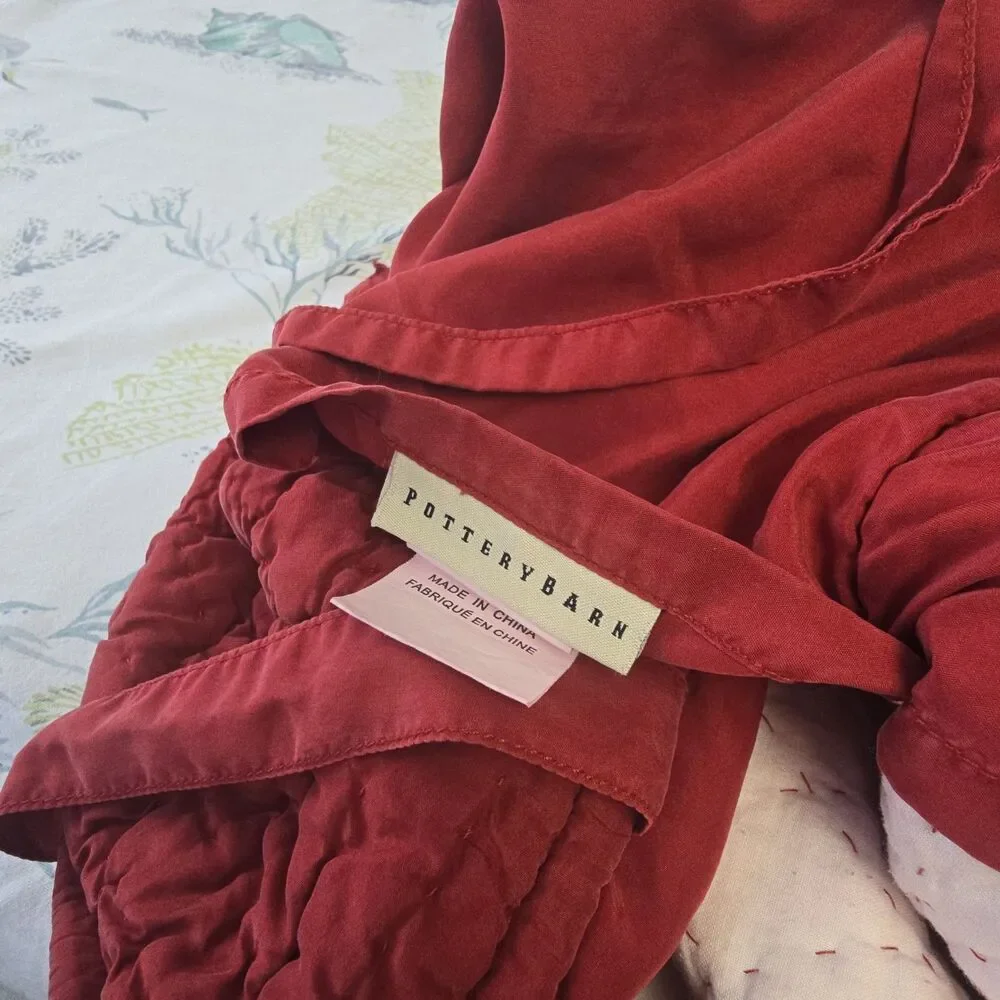 2 pc Pottery Barn Silk & Cotton Velvet Quilted Pillow Sham Standard Red Cottage